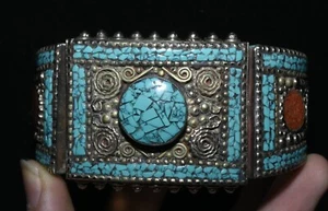 7.8CM Old Collection Tibetan Silver Inlay Turquoise Wrist Bracelet Bracelets - Picture 1 of 8