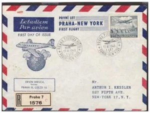 1946 Prague Czechoslovakia Airmail First Flight Cover FFC to New York USA - Picture 1 of 2