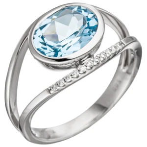 Anillo De Dama Con Topacio Azul Claro Y 11 Diamantes, Oro Blanco 585 - Imagen 1 de 1