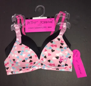 BETSEY JOHNSON GIRLS HEARTS BRAS 2 PACK Size 32A Pinks Black Aqua NWT - Picture 1 of 4