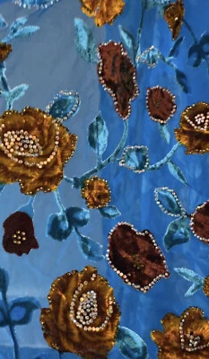 Blue Floral Velvet Fabric For Yemeni Somali Dirac Or For Dresses , 3 Yards - Image 1 of 4