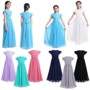 Girls Flutter Sleeve Ruffle Chiffon Bridesmaid Wedding Long Gown Party Dress - Picture 1 of 96