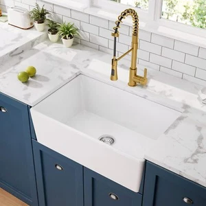 24 Inch White Farmhouse Sink Apron Front Farm Sink With Bottom Grid and Strainer - Picture 1 of 7