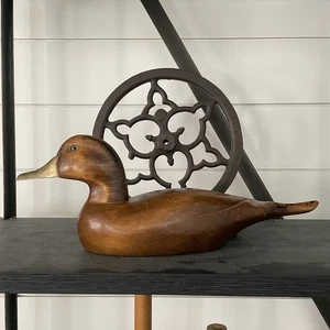 16.75" Mid Century Modern MCM Vintage Wooden Wood Carved Duck Decoy Brass Bill - Picture 1 of 24