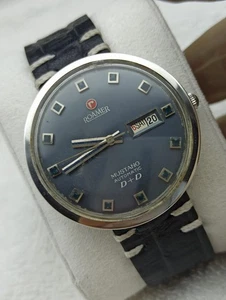 Rare ROAMER MUSTANG D + D Watch Made In 70s Automatic Swiss Round Blue Dial 38MM - Picture 1 of 19