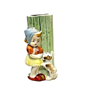 Vintage Mini Bud Base Girl with Dog Porcelain Made in Japan 3-D Design - Picture 1 of 7