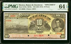 Mexico Banco de Zacatecas 10 Pesos 1891-1914 SPECIMEN P-S476s CH UNC PMG 64 EPQ - Picture 1 of 2