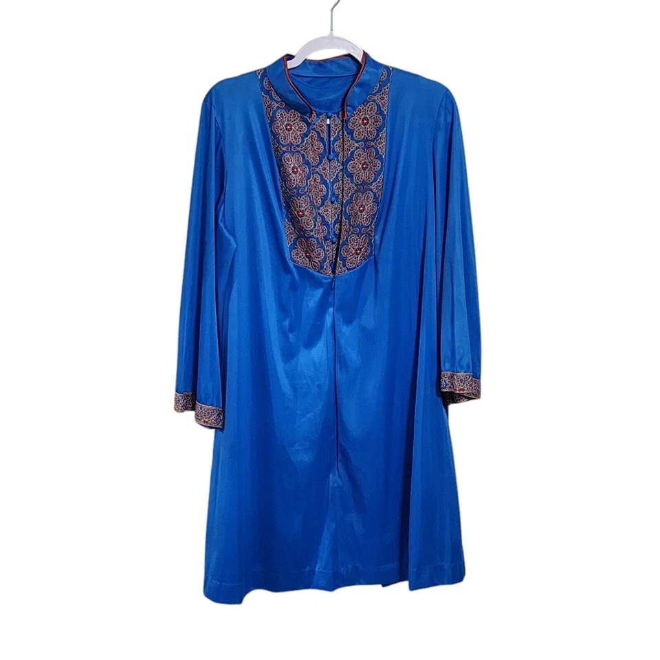 Vintage gown & robe set blue satin embroidered L - Image 1 of 4