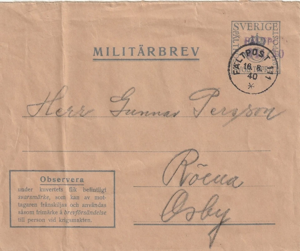SWEDEN: Military mail, Military envelope1940, Fieldpost 111 - Image 1 of 1