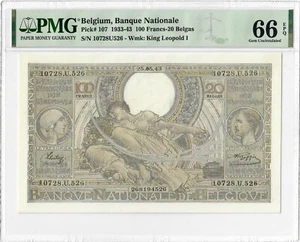 Belgium 100 Francs 1933-43, PMG 66 EPQ, "Banque Nationale" Pick# 107 - Picture 1 of 2