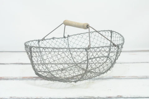 Large Antique French Wire Gathering Market Flower Vegetable Basket Wooden Handle Cover
