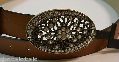 Style & Co Feminino Tamanho Pequeno S Largo Marrom Enorme Fivela Strass Transparente SC658 - Imagem 1 de 4