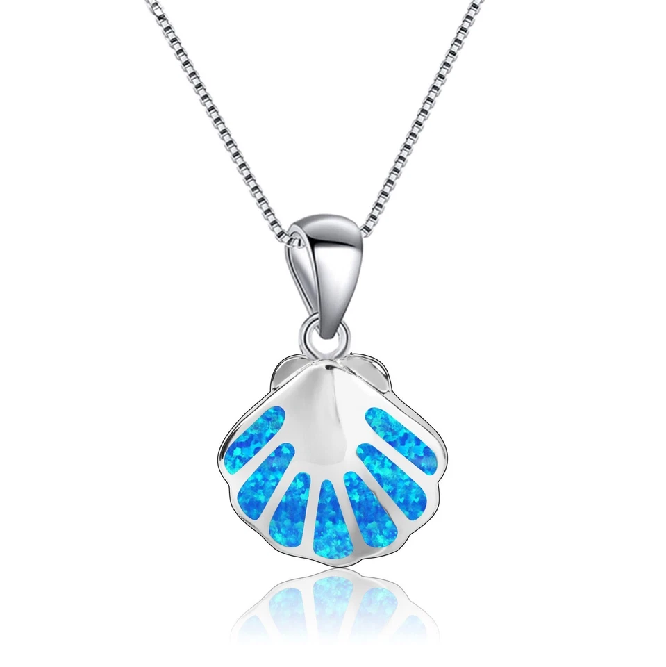 Hawaii Blue Fire Opal Shell Necklace pendants Silver Filled For Women Girls - Image 1 of 4
