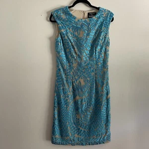 Collections By Lourea Women 6 Teal Blue Lace Embroidered Sleeveless Sheath Dress - Picture 1 of 8