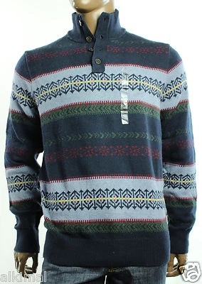$129 New Mens Tommy Hilfiger Clive Mock Neck Fair Isle Navy Blazer Sweater  - Image 1 of 3
