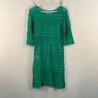Solitair Womens Small Dress Shift 3/4 Sleeve Green Crochet Midi Sheer 20792