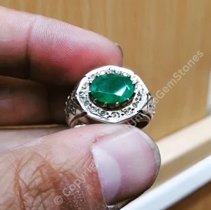 Real Mens Zambian Zamurd Ring Natural Emerald Ring In Sterling Silver 925 - Picture 1 of 3