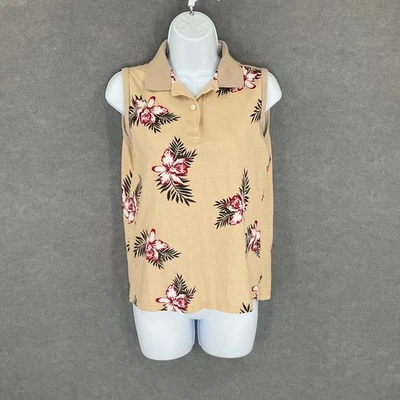 Camisa polo feminina Ping Collection tamanho S sem mangas bege floral golfe roupas ativas - Imagem 1 de 4