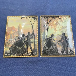 PAIR VTG Reverse Painting Couple Silhouette Convex Bubble Glass Picture - Picture 1 of 5