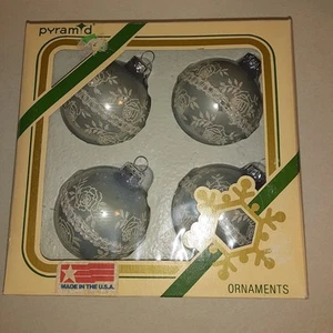 Vintage Pyramid Christmas Ornaments Gray Glass Glitter Lace Satin-Sheen 4 Pk - Picture 1 of 11
