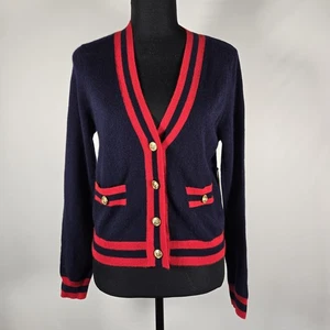 Aqua Bloomingdale’s 100% Cashmere Cardigan Sweater Large Navy Red NWT Striped - Picture 1 of 6