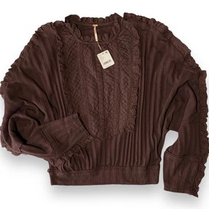 Free People Long Sleeve Top Lace Ruffle Shirt Brown Size Small More Romance - Picture 1 of 8