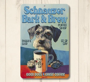 Schnauzer Dog Coffee Bar Sign Bark & Brew snauzer snauser funny metal tin gift - Picture 1 of 5