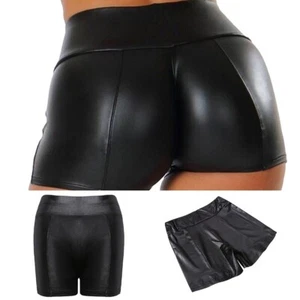 Women's Shiny Leather Look Shorts High Waisted Faux Leather Disco Hot Pants - Picture 1 of 42