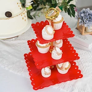 13" Square 3 Tier Plastic CUPCAKE HOLDER Hearts Trim Wedding Decorations - Picture 1 of 18