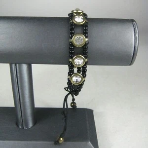 Bracelet Silvertone 7.75 Inch Rhinestones Black Beaded Braided Cord PULL THREAD - Picture 1 of 6