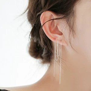 Pendientes colgantes minimalistas de plata esterlina 925 de 8 cm ~ 22 cm rosca línea larga A1506 - Imagen 1 de 5