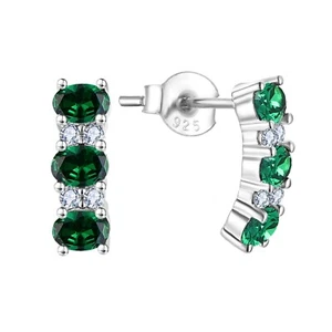 Sterling Silver 925 Simulated EMERALD & CZ Drop Stud Earrings Rhodium Overlay - Picture 1 of 6