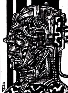 ORIGINAL ARTWORK - ACEO Outsider Abstract Art Drawing- STAUNCH HUMANOID - Picture 1 of 2