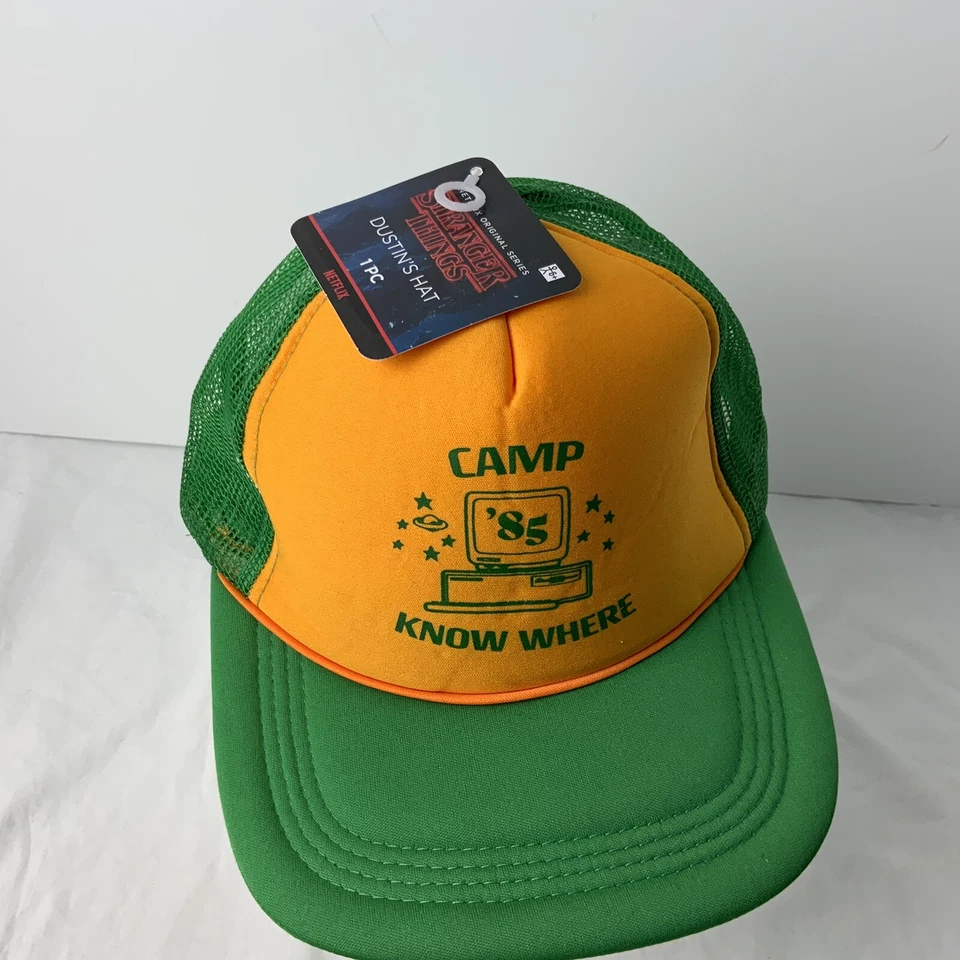 Stranger Things Dustin Camp Nowhere Yellow Green Mesh Trucker Hat