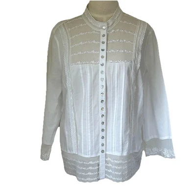 Tribal Women’s 12 White Peasant Blouse Lace Pintucks Cotton 3/4 Sleeves - Image 1 of 4