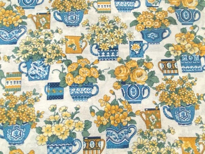 Blue & Yellow Teapots Tea Cups Flowers ~ The Kesslers Concord COTTON Fabric 1 yd - Image 1 of 4