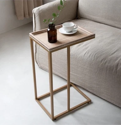 Farmhouse C Table Couch End Table Rustic Distressed Beaded Edge Tray Sofa - Image 1 of 4