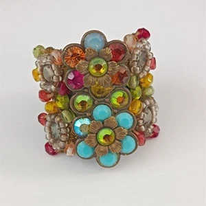 Michal Negrin Wide Band Ring Floral Crystal Beaded Bold Boho Adjustable Statemen - Picture 1 of 20