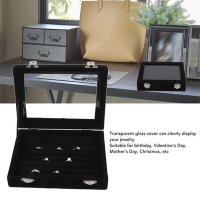 Jewelry Display Box 7 Slots Velvet Ring Storage Display Case With Clear Lid For - Immagine 1 di 4