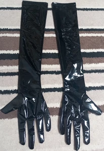Black Wet Look Faux Leather Elbow Length Gloves Size S/M Length 24" - Picture 1 of 2