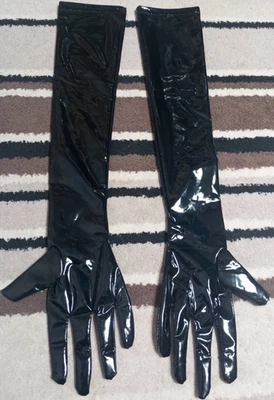 Black Wet Look Faux Leather Elbow Length Gloves Size S/M Length 24" - Image 1 of 2