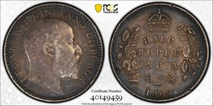 India British 1908 C 1/2 Rupee. PCGS AU-53 - Picture 1 of 2