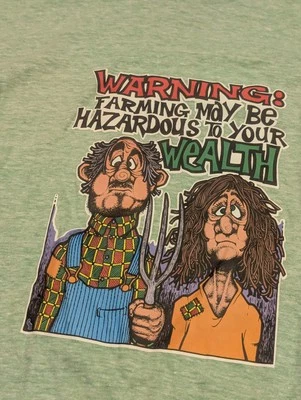 Vtg Farming Hazardous to Wealth Iron On Shirt - XL Single Stitch Hanes - Humor - Image 1 of 4