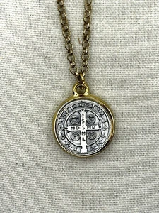 Saint St Benedict Two Tone Metal Crucifix Cross Exorcism Pendant Chain Necklace - Picture 1 of 21