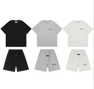 UK ESSENTIALS Double - Line Flock Letter Unisex Shorts Cotton Summer Set T-shirt - Picture 1 of 30