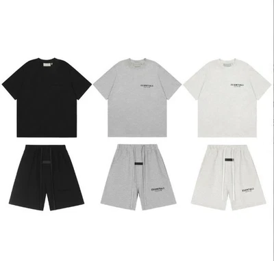 UK ESSENTIALS Double - Line Flock Letter Unisex Shorts Cotton Summer Set T-shirt - Image 1 of 4