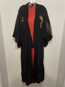 VTG DRAGON Embroidered Robe Kimono Black Made In Japan 53” Long - Picture 1 of 13