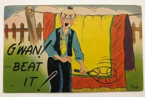 Crabby Old Man G'Wan Beat It Comic Illustrated Postcard Man Beating Blanket - Picture 1 of 1