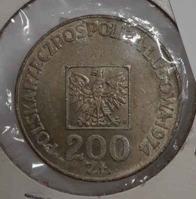 1974 Poland 200 Zlotych Silver Coin  30th Ann. People's Republic  UNC/Toned - Image 1 of 2