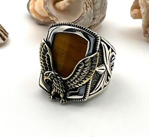 Men Tiger's Eye American Eagle Jewelry 925 Sterling Silver Ring Handmade Designs